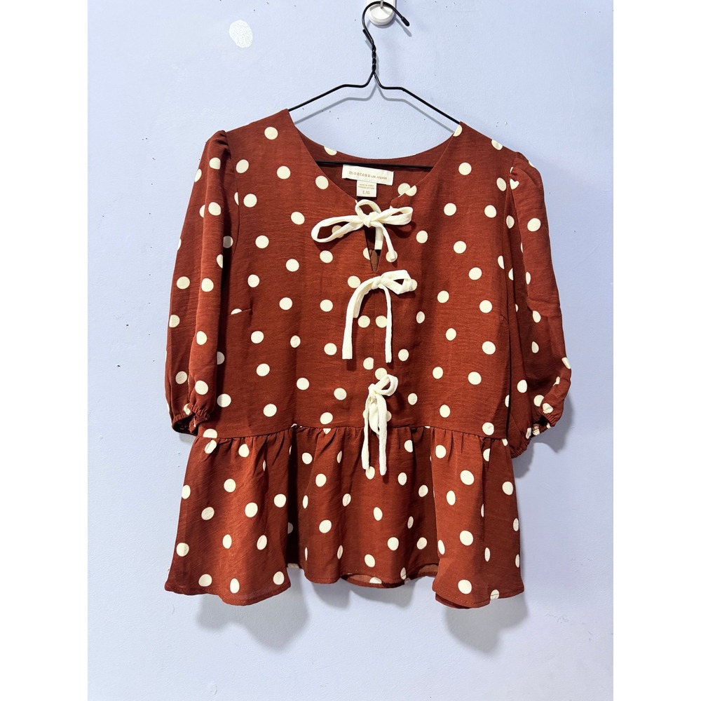 Monteau Los Angeles Rust Polka Dot Peplum Blouse Women's‎ Size L G Puff Sleeve